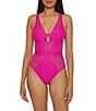 Becca by Rebecca Virtue Becca By Rebecca Virtue Castaway Fishnet Texture Plunge Neck One Piece Swimsuit, Color:Azalea - Image 1