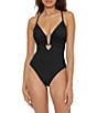 Color:Black - Image 1 - Color Code Solid Plunge V-Wire Criss Cross Back One Piece Swimsuit