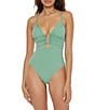 Color:Mineral - Image 1 - Color Code Solid Plunge V-Wire Criss Cross Back One Piece Swimsuit