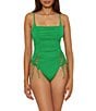 Becca by Rebecca Virtue Becca By Rebecca Virtue Color Code Square Neck Lace-Up Shirred One Piece Swimsuit, Color:Emerald - Image 1