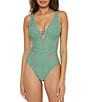 Color:Mineral - Image 1 - Color Play Plunge V-Neck Crochet One Piece Swimsuit