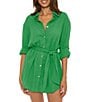 Color:Verde - Image 1 - Gauzy Point Collar Roll-Tab Sleeve Shirt Dress Swim Cover-Up