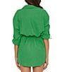 Color:Verde - Image 2 - Gauzy Point Collar Roll-Tab Sleeve Shirt Dress Swim Cover-Up