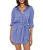 Color:Cornflower - Image 1 - Gauzy Point Collar Roll-Tab Sleeve Shirt Dress Swim Cover-Up