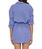 Color:Cornflower - Image 2 - Gauzy Point Collar Roll-Tab Sleeve Shirt Dress Swim Cover-Up