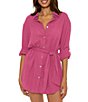 Color:Vivid Pink - Image 1 - Gauzy Point Collar Roll-Tab Sleeve Shirt Dress Swim Cover-Up