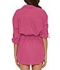 Color:Vivid Pink - Image 2 - Gauzy Point Collar Roll-Tab Sleeve Shirt Dress Swim Cover-Up
