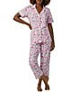 Color:Flamingo Bay - Image 1 - Flamingo Print Short Sleeve Notch Collar Cropped Pajama Set