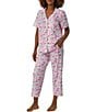 Color:Flamingo Bay - Image 3 - Flamingo Print Short Sleeve Notch Collar Cropped Pajama Set
