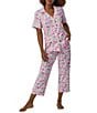 Color:Flamingo Bay - Image 4 - Flamingo Print Short Sleeve Notch Collar Cropped Pajama Set