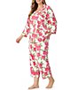 Color:Send Her Flowers - Image 3 - Plus Size Floral Print Notch Collar 3/4 Sleeve Classic Stretch Jersey Crop Pajama Set