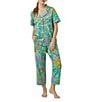 Color:Nandini - Image 1 - Printed Knit Short Sleeve Chest Pocket Notch Collar Cropped Long Pant Pajama Set