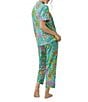 Color:Nandini - Image 2 - Printed Knit Short Sleeve Chest Pocket Notch Collar Cropped Long Pant Pajama Set