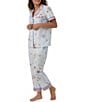 Color:Eastern Seaboard - Image 3 - Short Sleeve Notch Collar Woven Cropped Sea Print Pajama Set