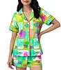 Color:Tropical Tile - Image 1 - Tropical Tile Print Knit Short Sleeve Notch Collar Shorty Pajama Set