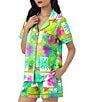 Color:Tropical Tile - Image 3 - Tropical Tile Print Knit Short Sleeve Notch Collar Shorty Pajama Set