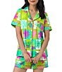 Color:Tropical Tile - Image 4 - Tropical Tile Print Knit Short Sleeve Notch Collar Shorty Pajama Set