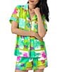 Color:Tropical Tile - Image 5 - Tropical Tile Print Knit Short Sleeve Notch Collar Shorty Pajama Set