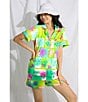 Color:Tropical Tile - Image 6 - Tropical Tile Print Knit Short Sleeve Notch Collar Shorty Pajama Set