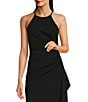 Color:Black - Image 3 - Cara Halter Neck Sleeveless Stretch Crepe Ruched Side Slit Sheath Gown