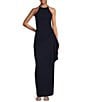 Badgley Mischka Belle by Badgley Mischka Cara Halter Neck Sleeveless Stretch Crepe Ruched Side Slit Sheath Gown, Color:Navy - Image 1