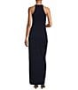 Badgley Mischka Belle by Badgley Mischka Cara Halter Neck Sleeveless Stretch Crepe Ruched Side Slit Sheath Gown, Color:Navy - Image 2