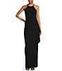 Badgley Mischka Belle by Badgley Mischka Cara Halter Neck Sleeveless Stretch Crepe Ruched Side Slit Sheath Gown, Color:Black - Image 1