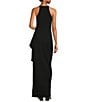 Badgley Mischka Belle by Badgley Mischka Cara Halter Neck Sleeveless Stretch Crepe Ruched Side Slit Sheath Gown, Color:Black - Image 2
