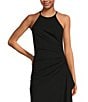 Badgley Mischka Belle by Badgley Mischka Cara Halter Neck Sleeveless Stretch Crepe Ruched Side Slit Sheath Gown, Color:Black - Image 3