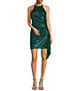 Color:Emerald - Image 1 - Daphne Cinched Sleeveless Halter Neck Sequin Dress
