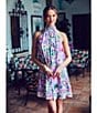 Color:Pink Multi - Image 4 - Elise Georgette Turtleneck Sleeveless Back Tie Waistless Trapeze Mini Dress