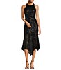 Color:Black - Image 1 - Liv Sequin Halter Neck Sleeveless Sequin Sheath Handkerchief Hem Midi Dress