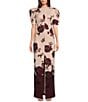 Badgley Mischka Belle by Badgley Mischka Nina Floral Print Knit Crew Neck Short Puff Sleeve Front Slit Sheath Maxi Dress, Color:Wine - Image 1