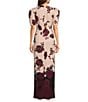 Badgley Mischka Belle by Badgley Mischka Nina Floral Print Knit Crew Neck Short Puff Sleeve Front Slit Sheath Maxi Dress, Color:Wine - Image 2