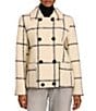 Bernardo Fuzzy Texture Wool Blend Plaid Notch Lapel Double Breasted Peacoat - Image 1