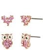 Color:Pink/Rose Gold - Image 1 - CZ Stone Delicate Owl & Heart Duo Stud Earrings Set