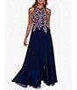 Color:Navy/Rose Gold - Image 3 - Beaded Embroidery Chiffon Halter Neck Keyhole Back Detail Sleeveless Gown