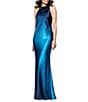 Betsy & Adam Charmeuse Halter Neck Ombre Sleeveless Sheath Gown, Color:Navy/Teal - Image 1