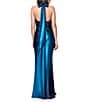 Betsy & Adam Charmeuse Halter Neck Ombre Sleeveless Sheath Gown, Color:Navy/Teal - Image 2
