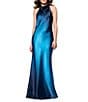 Betsy & Adam Charmeuse Halter Neck Ombre Sleeveless Sheath Gown, Color:Navy/Teal - Image 3