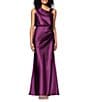 Betsy & Adam Charmeuse Sleeveless Ruched Long Dress, Color:Plum - Image 1