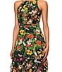 Betsy & Adam Chiffon Floral Print Halter Neck Sleeveless Ruffle A-Line Maxi Dress, Color:Black/Red - Image 3
