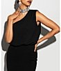 Color:Black - Image 6 - Crystal Neck One Shoulder Sleeveless Stretch Blouson Gown