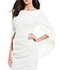 Color:White - Image 3 - Round Neck Drape Back Detail 3/4 Sleeve Ruched Front Stretch Sheath Dress