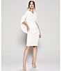 Color:White - Image 6 - Round Neck Drape Back Detail 3/4 Sleeve Ruched Front Stretch Sheath Dress