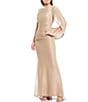 Color:Gold/Silver - Image 1 - Drape Back Detail 3/4 Cape Sleeve Draped Round Neck Metallic Crinkle Ruched Sheath Gown