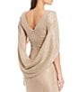 Betsy & Adam Drape Back Detail 3/4 Cape Sleeve Draped Round Neck Metallic Crinkle Ruched Sheath Gown, Color:Gold/Silver - Image 4