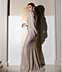 Betsy & Adam Drape Back Detail 3/4 Cape Sleeve Draped Round Neck Metallic Crinkle Ruched Sheath Gown, Color:Gold/Silver - Image 5