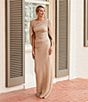 Betsy & Adam Drape Back Detail 3/4 Cape Sleeve Draped Round Neck Metallic Crinkle Ruched Sheath Gown, Color:Gold/Silver - Image 8