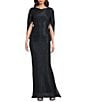 Betsy & Adam Drape Back Detail 3/4 Cape Sleeve Draped Round Neck Metallic Crinkle Ruched Sheath Gown, Color:Navy/Royal - Image 1
